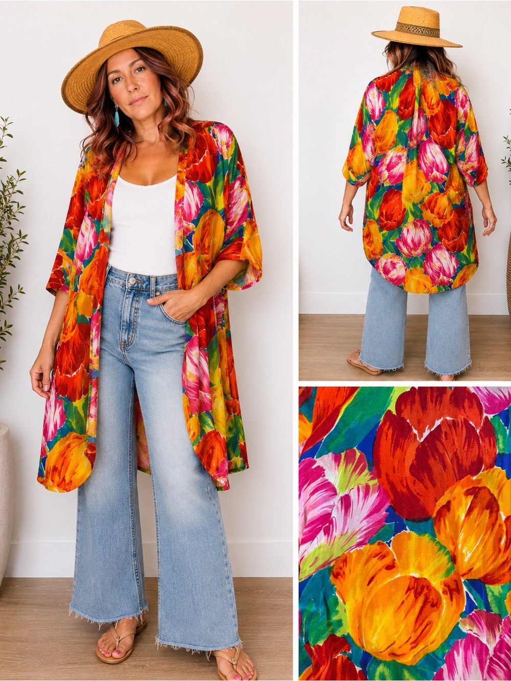 Vintage 80s Tulip Floral Rayon Kimono Duster Jacket Made USA L